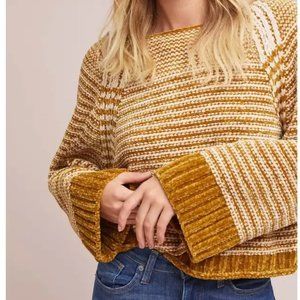 Anthropologie Moth Mustard Yellow Cream Chenille Sweater Women's Size Medium M